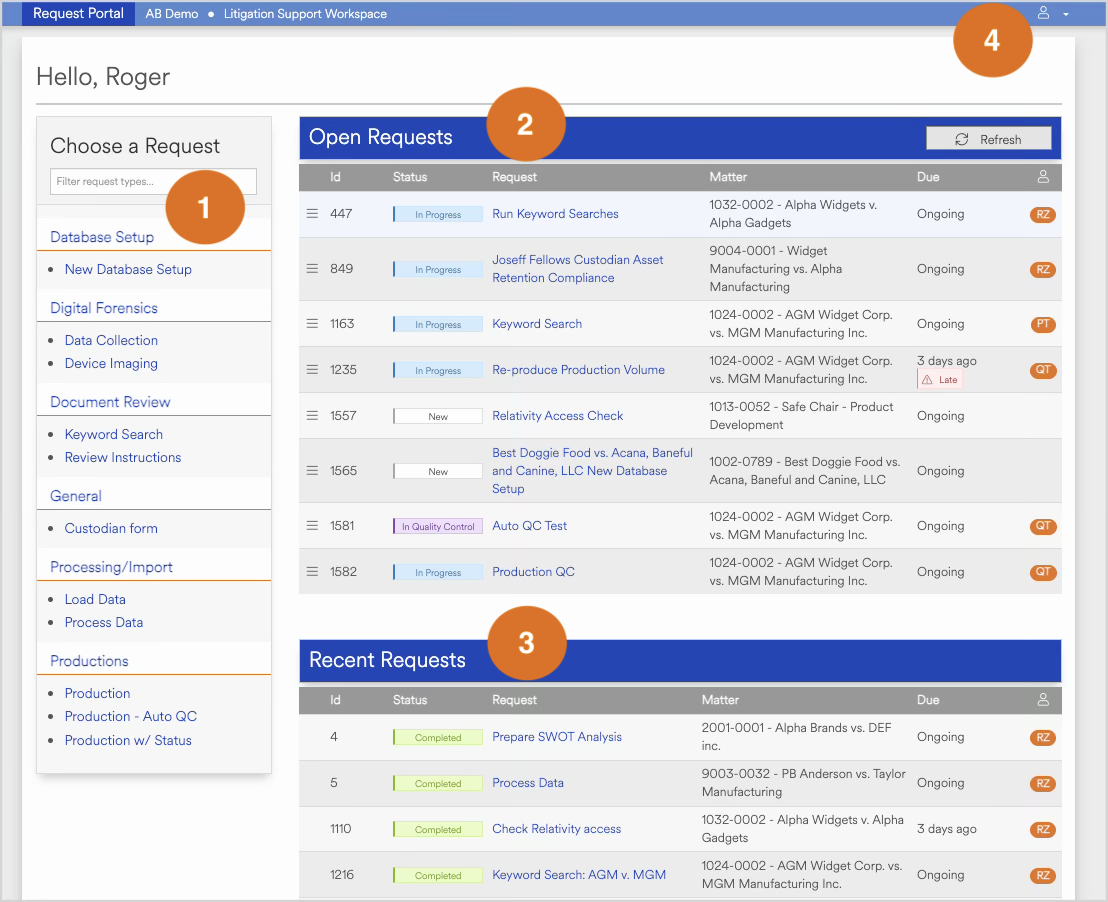Request portal displaying open and recent requests for document review and processing.